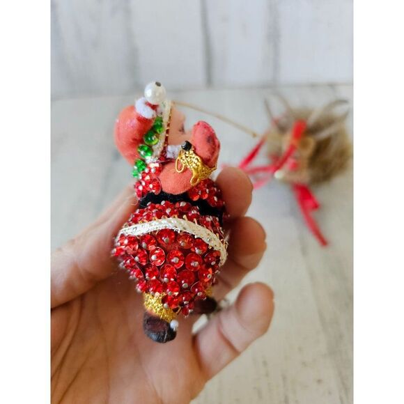 Wooden reindeer sequin beaded Santa vintage ornament Xmas set - Picture 6 of 13